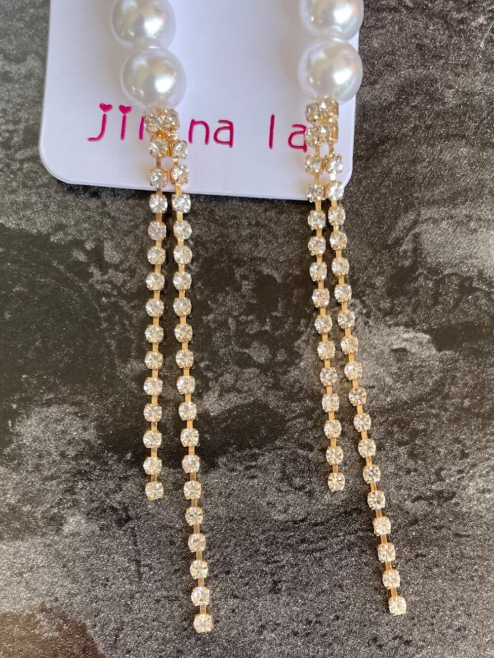 Faux Pearl Rhinestone Earrings 4in Long Gold Glam Dangles - Picture 6 of 9